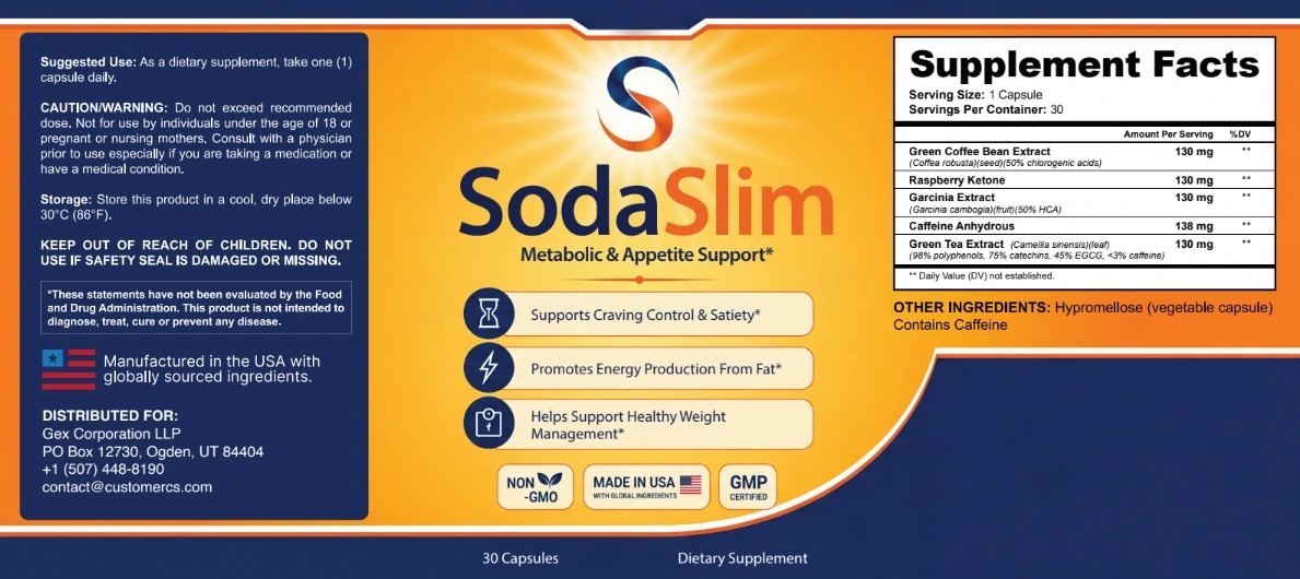 The Sodatide wrap label: suggested use, storage and distributor details on the left, the front panel in the centre, and a Supplement Facts panel on the right listing chicory root inulin 211 mg, potato resistant starch 100 mg and a 36 mg probiotic blend of Bifidobacterium infantis, Clostridium butyricum and Akkermansia muciniphila